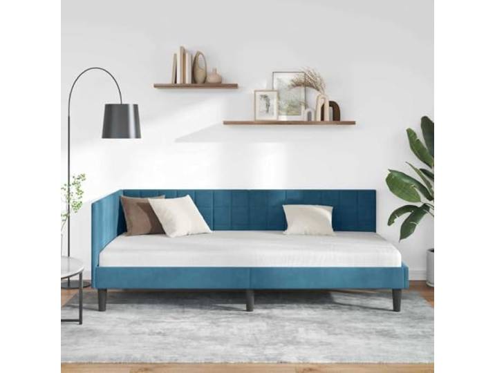KTHLBRH Eckbett Struktur blau 90 x 200 cm Samt Platzsparendes L-Design, wendbares Kopfteil, robustes Sperrholz, Verwendung im Innenbereich