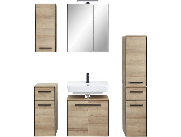 Badmöbel-Set SAPHIR Quickset 395 5-teilig, Waschbeckenunterschrank mit LED-Spiegelschrank , braun, Riviera Eiche quer Nachbildungmit schwarzem L-Profil vorne, Kastenmöbel-Sets, Badmöbel-Set, Unterschrank, Hängeschrank, Midischrank, inkl. Türdämpfer, 7 Türen
