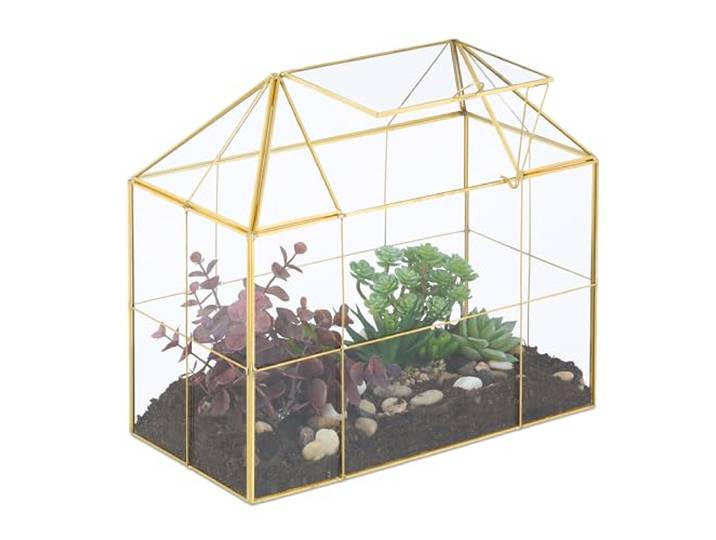 Relaxdays Pflanzenterrarium, Glas & Kupfer, Gold HBT: 27x30x15 cm Deko Glashaus Kakteen & Moos, Glaskasten Fensterbank