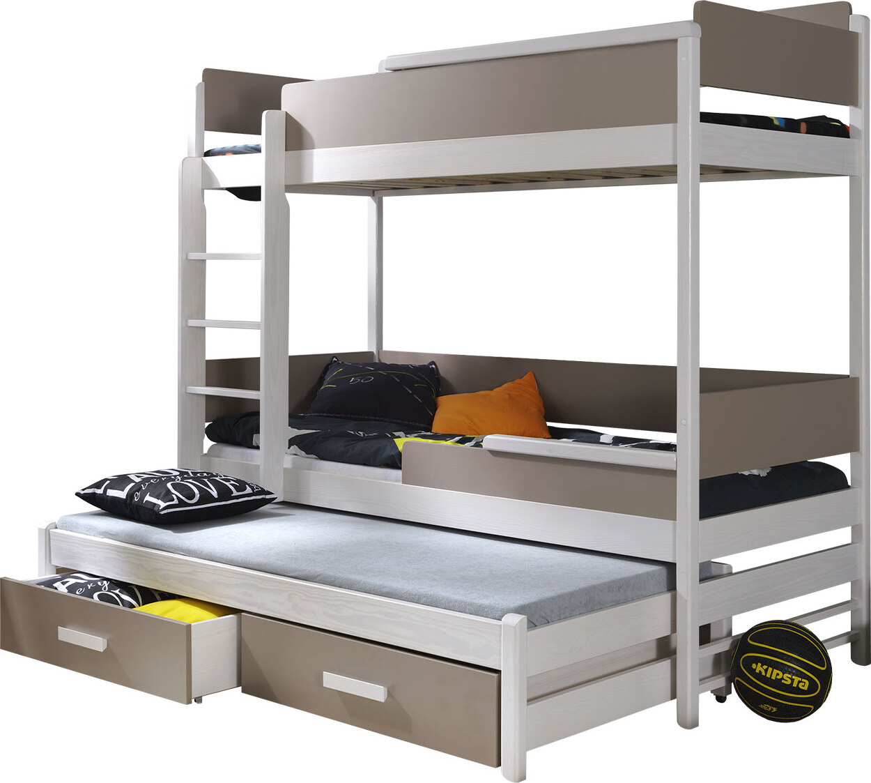 MIRJAN24 Etagenbett Quatro 180, Bett mit Bettschubladen, Jugendzimmer Möbel, Hochbett, Jugendbett (Weiß / Trüffel, Leiter Seite: Links)