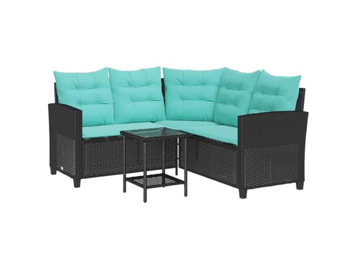 ZQQLVOO Garten-Sofa 2 STK. 5-Sitzanzahl Schwarz und Türkis Poly Rattan Poly-Rattan, pulverbeschichteter Stahl, gehärtete Glasplatte, eingebautes Regal, Kissen inklusive, abnehmbare Bezüge