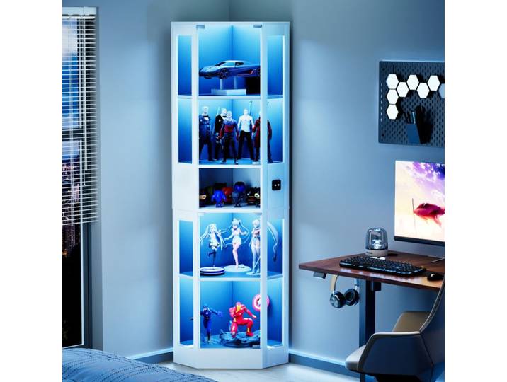 Vitrine 57x40x165 cm EVRYAE - éclairage LED 3 modes portes en verre avec capteur de mouvement - Blanc