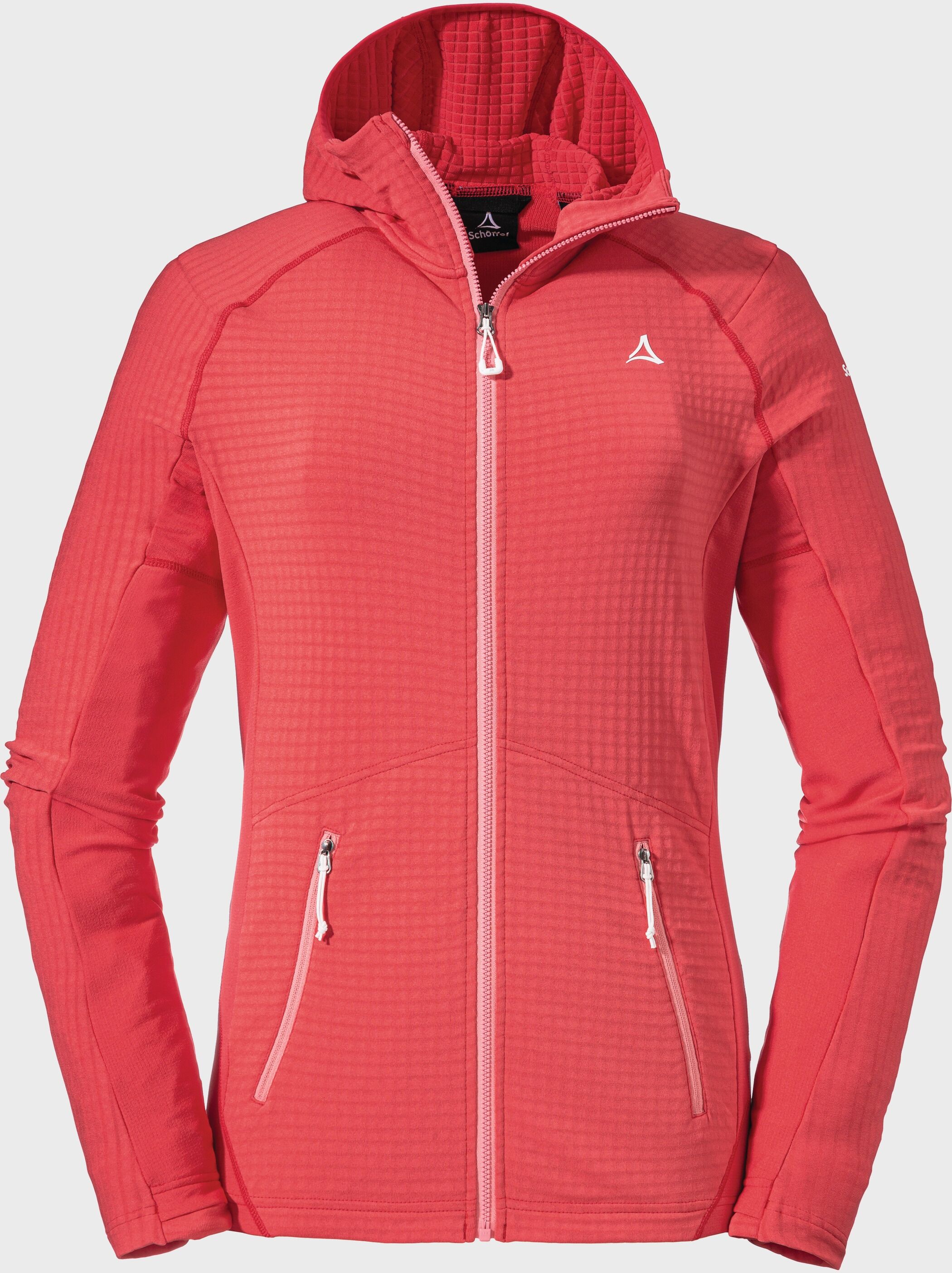 Fleecejacke SCHÖFFEL "Fleece Hoody Monte Sart L", Damen, Gr. 44, rot (2003, rot), Oberstoff : 91% Polyester 9% Elasthan, regular fit, hoch geschlossener Ausschnitt, Jacken Fleecejacke 2003, rot 44