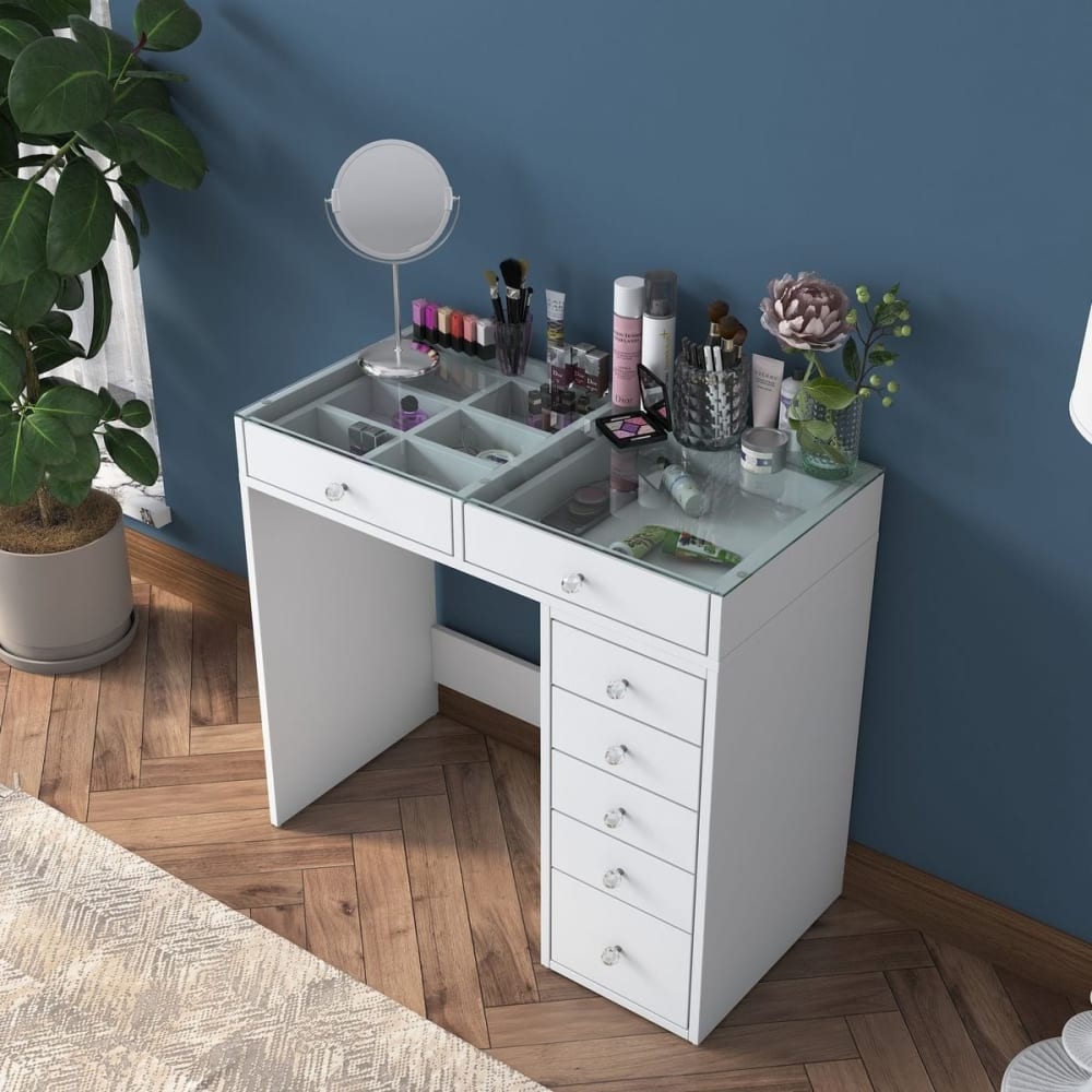 Homifab Coiffeuse 7 tiroirs blanche avec plateau en verre 90 cm Blanc 90x80x45cm