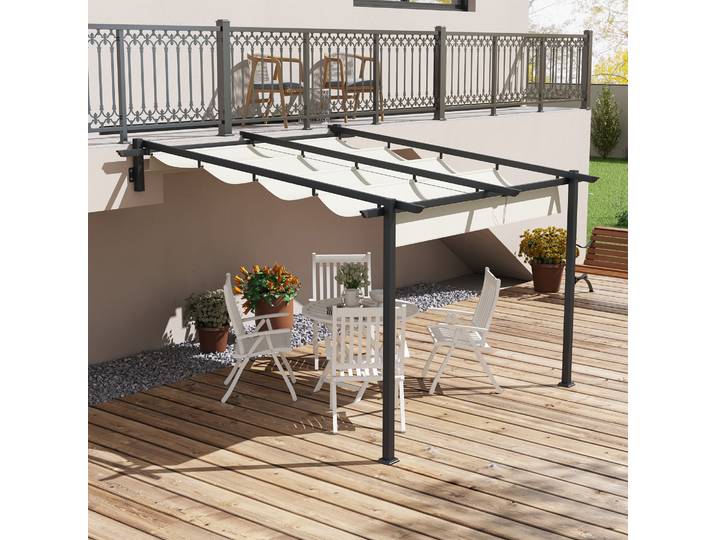 Outsunny Pavillon 3x3m Rétractable Montage Mural Métal Blanc Crème