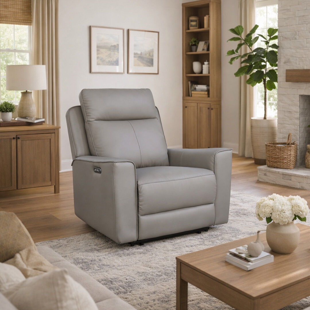Brayden Studio Real Leather Power Recliner with USB Charging Elephant 1
