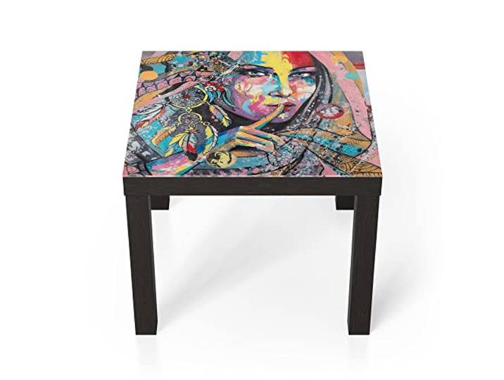 DEQORI Glastisch schwarz klein 55x55 cm Motiv Indigene Schönheit ausgefallener Beistelltisch aus Glas Hochglanz Couchtisch fürs Wohnzimmer moderner Couch Tisch mit Design