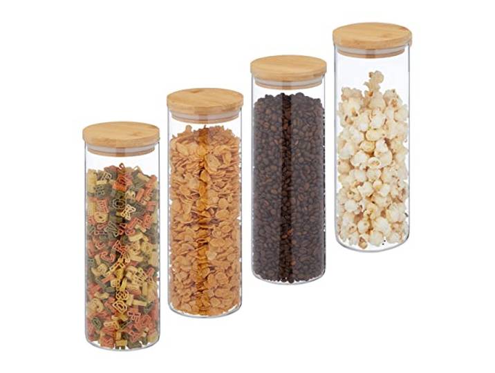Relaxdays voorraadpot met bamboe deksel, set van 4, transparant/natuur