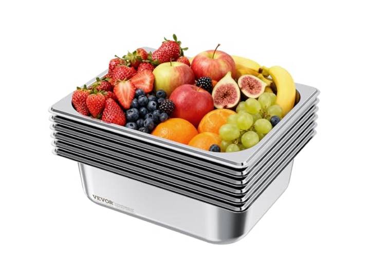 VEVOR Gastronormbak GN 1/2, horecacontainer van roestvrij staal, 6 stuks, 6 l, roestvrijstalen voedselcontainer, diepte 9,9 cm, anti-aanbaklaag en roestvrij, voor waterbad, buffet, theelichtjes, hotel