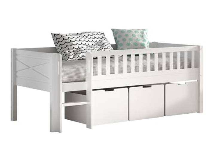 möbelando Kinderbett >Scott< Kojen-Spielbett 90 x 200 cm, inkl. Leiter, Rolllattenrost und 3 Schubkästen, Kiefer und MDF weiß lackiert, Stellfläche ca. B: 208 x T: 104,9 cm. Die Höhe ist ca. 83 cm.