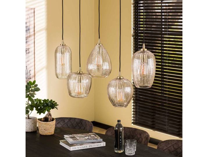 Suspension 5 lampes 120x20x150 cm en verre et métal