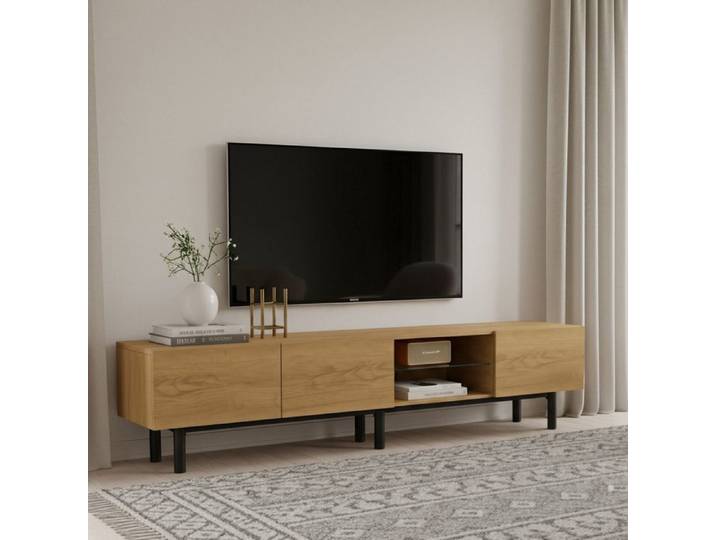 Meuble TV - Novélys - 175cm - Style Scandinave avec Éclairage LED 3 Porte - Chêne Clair