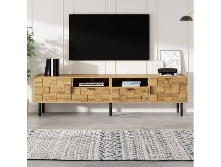 Meuble TV 160 cm design mosaïque avec 2 portes 2 tiroirs 2 niches ouvertes aspect bois pieds métal FOLYNA