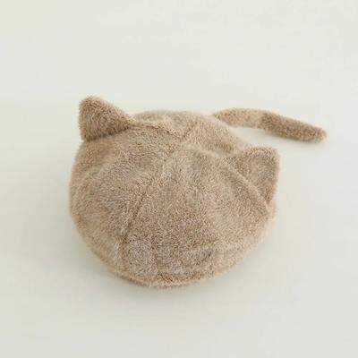 Uplifted Finds Feline Kinetic Knitted Beanie Premium Cartoon Cat Warm Headwrap For Toddlers khaki