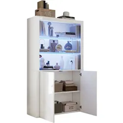 Vitrine LED Beleuchtung Hochglanz Schrank Doppeltür Glasvitrine Stauraum Aufbewahrung Deko Modern Wohnzimmer 100x35x170cm Weiß