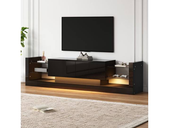 Meuble TV haut brillant 181 cm - REDOM - avec éclairage LED Pour téléviseurs jusqu'à 80 pouces 2 tiroirs rabattables