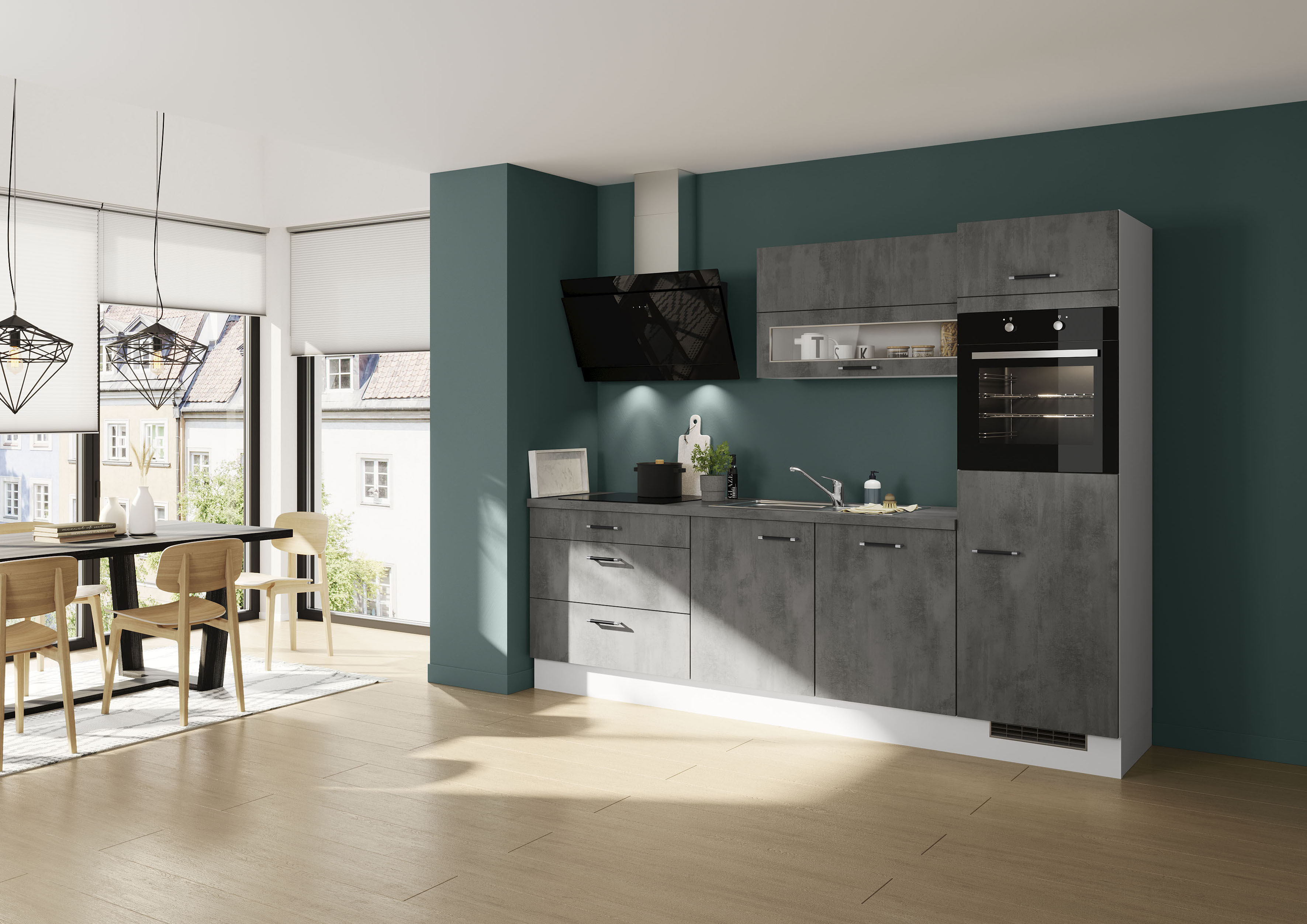 Auszugsunterschrank IMPULS KÜCHEN "Prag", Breite/Höhe: 30/72,3 cm, mit Soft-Close", grau (beton, optik schiefer dunkelgrau), B:30cm H:72,3cm T:57,6cm, Dekorfolie, Holzwerkstoff, Schränke, Auszugsunterschrank, vormontiert, mit Tasche für Baguettes, mit Kor
