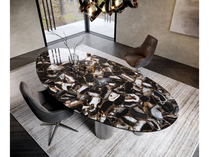 DELIFE Esstisch Edge Oval 280x130 Keramik Iris FMG Agatablack Pilier Edelstahl Graphit, Esstische