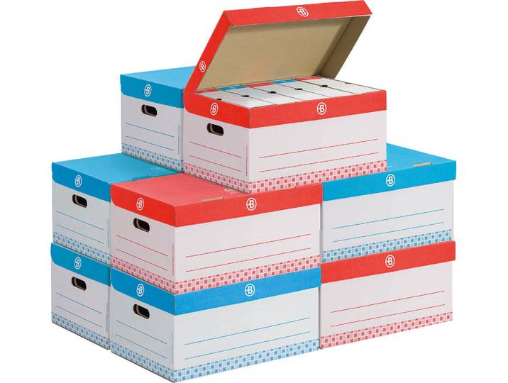 Pack archivage carton Bruneau - Dos 10 cm - Haute résistance - Couleurs assorties - 60 boîtes + 10 caisses - - Bruneau