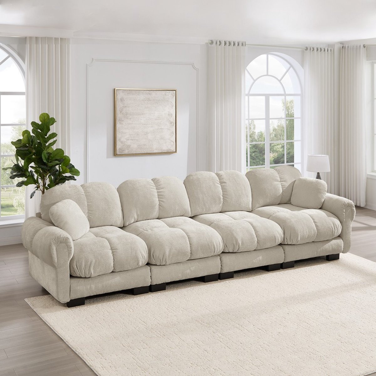 KOMHTOM Modulaire 4-zits Bank met Chenille Stof en Dikke Kussens - Lichtbeige