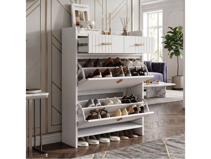 Meuble à Chaussures Slim 75x24x108 5cm Gain de Place Design Soigné 2 Abattants 2 Tiroirs