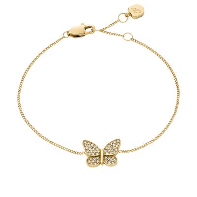 Armband FOSSIL "Schmuck Geschenk Edelstahl SUTTON Schmetterling", gold (gelbgoldfarben, kristallweiß, kristallweiß), Armbänder, Damen, 19cm, Edelstahl, Armband, mit Glasstein