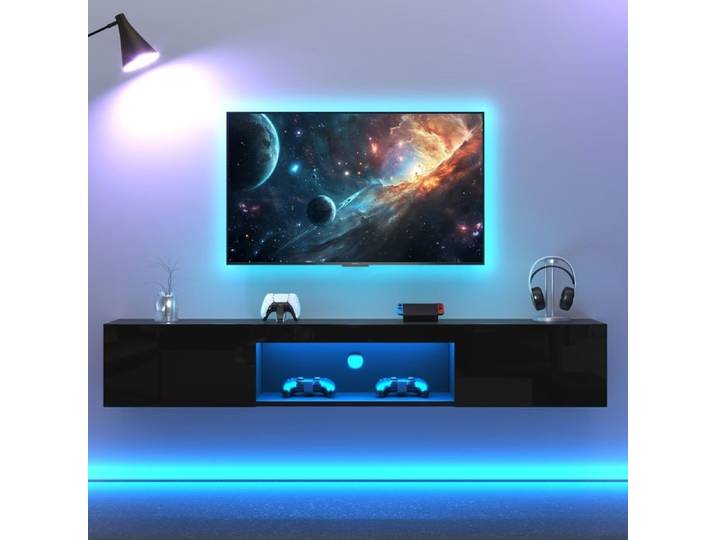 Armoire suspendue brillante Meuble TV - éclairage LED meuble bas table TV meuble TV commode TV support TV mural noir 160x31x22cm