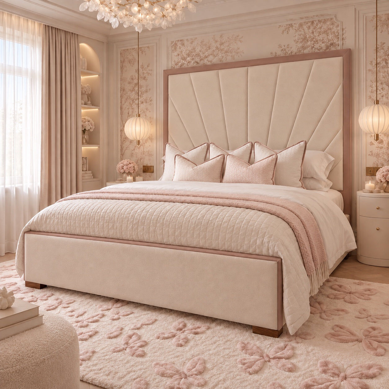 Barcelona Cream & Pink Sunburst Bed, Double / Ottoman Storage