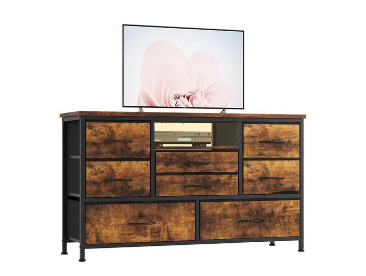 Commode à 8 tiroirs, meuble de Station de télévision avec Station de charge, commode de chambre à coucher avec cadre en métal, unité de rangement à tiroirs en tissu