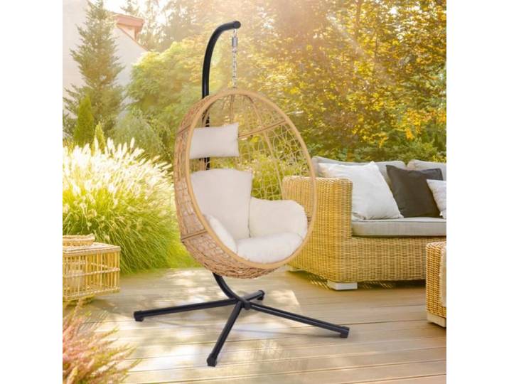 IDMARKET Fauteuil oeuf suspendu ajouré effet rotin avec coussin écru