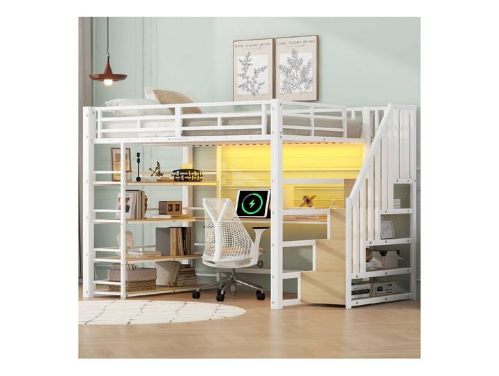Merax Hochbett 140x200cm mit LED-Licht und USB-Ladestation (254.8 x 148 x 170 cm, Sicherheitsgeländern und Treppengeländern, 1-St., Etagenbett Jugendbett Einzelbett) Metallbett Kinderbett mit Schreibtisch Treppe Ablageflächen & Stauraum