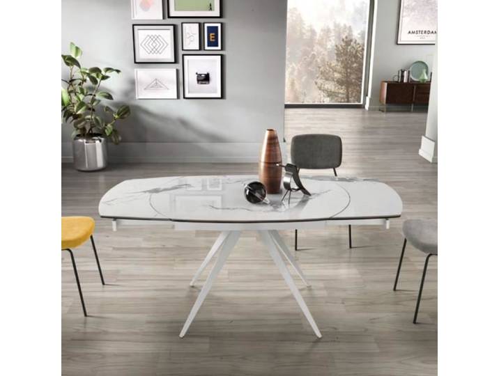 Table à rallonge - ACHILLE - Effet marbre blanc - Plateau en grès cérame - Extensible