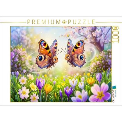 CALVENDO Puzzle Zwei Tagpfauenauge auf Krokuswiese im Frühling | 1000 Teile Lege-Größe 64x48cm Foto-Puzzle für glückliche Stunden
