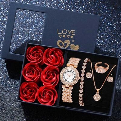 Fusion Finds Luxury Women's Watch Set With Roman Numeral Quartz Watch & Fashion Jewelry Gift Set rose