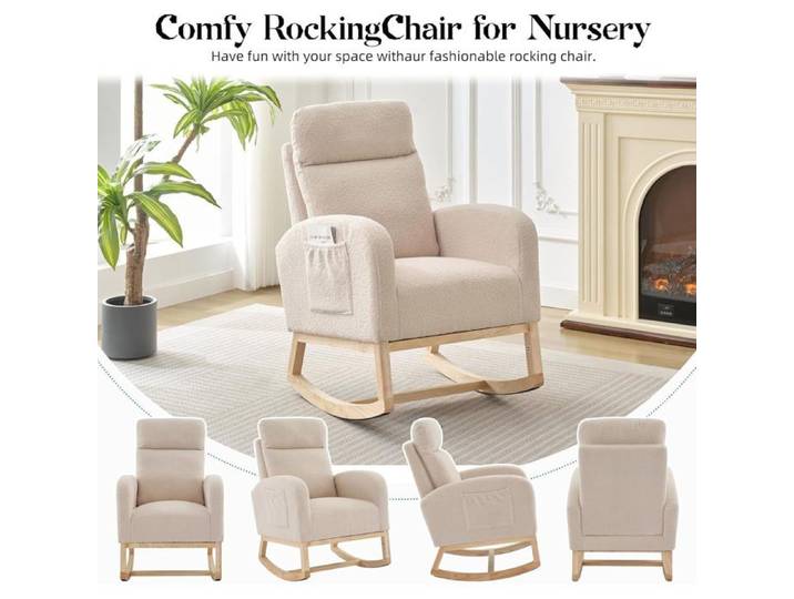 Fauteuil à Bascule - PROMI - Beige - Tissu Flannelette - Accoudoirs en Bois - 1 Place