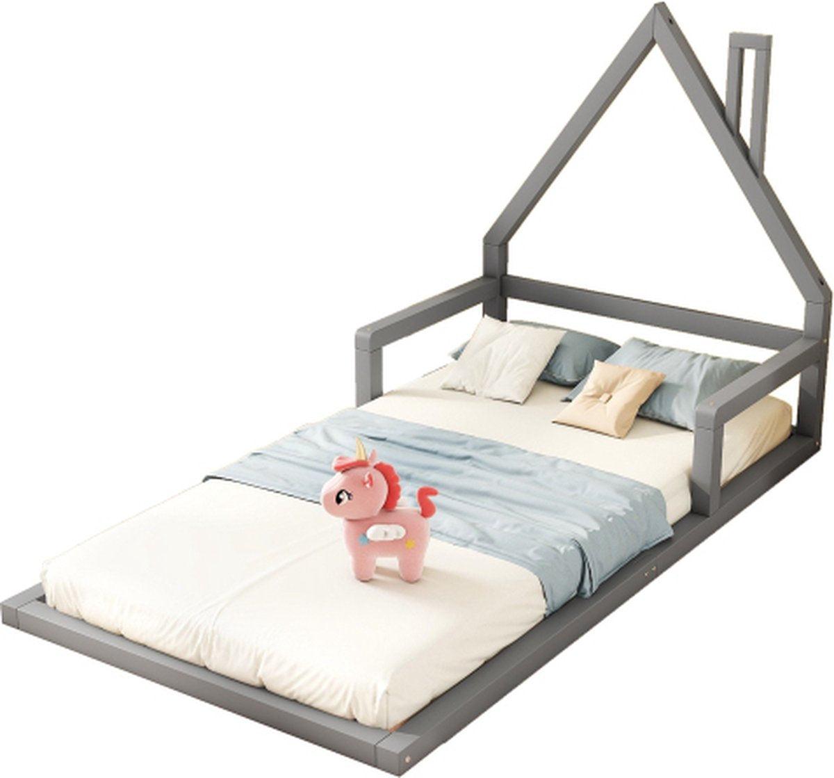 Kinderbett - Plattformbett - Hausform - Massivholz (Fichte) - Schlichtes Design - 90*200 cm - Grau