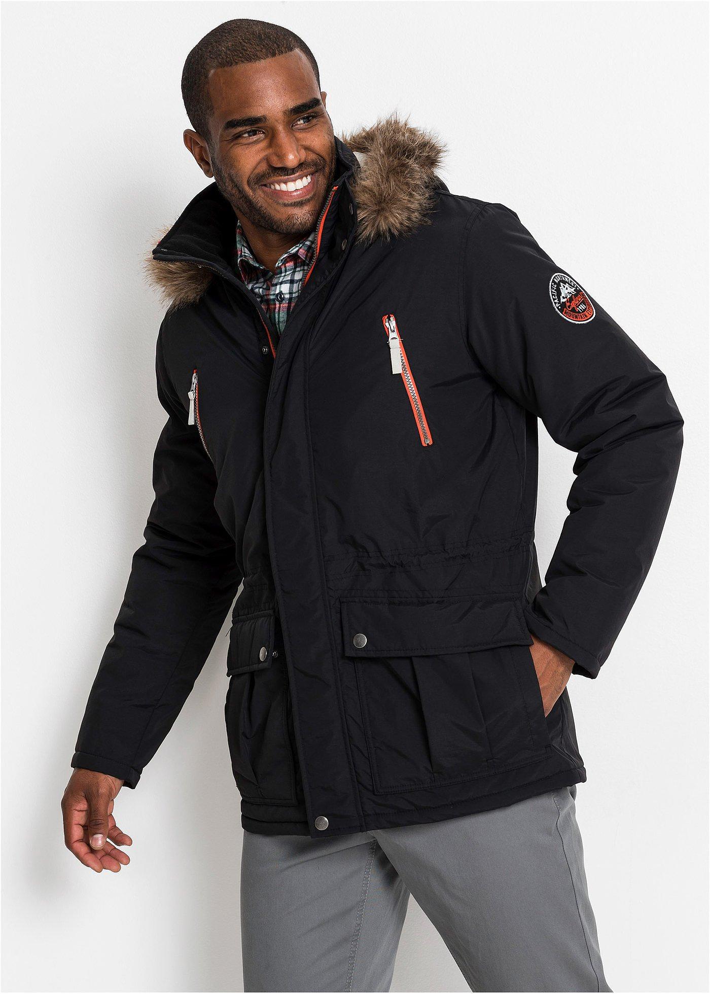 bonprix Wasserabweisender Parka, schwarz, Gr.50, Herren Parka warm wattiert mit Kapuze