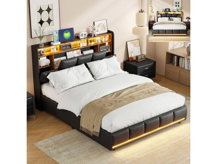 Lit 160x200 cm - LED - USB - tissu en PU - lit adulte 160x200 cm - 160x200 cm - Noir