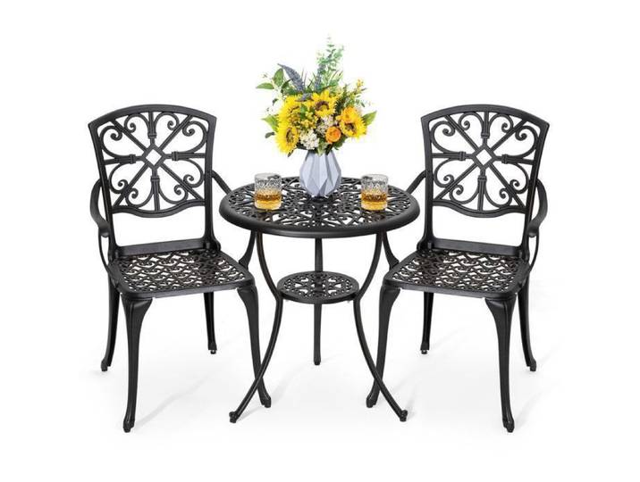 Avestar Ensemble de Salon de Jardin 3 Pièces en Aluminium Coulé Avestar - Table avec Trou pour Parasol (Ø 4 5 cm)