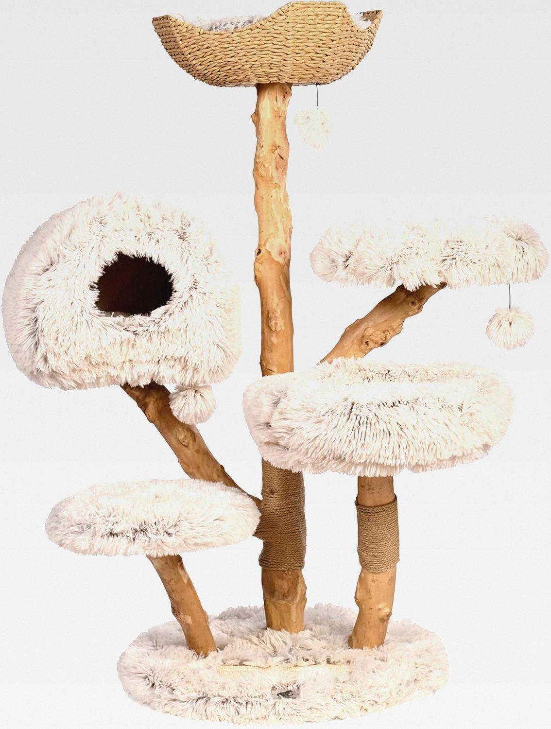 Kratzbaum "Cozy Chalêt" - 128 cm Design-Katzenbaum aus Echtholz, handgefertigter Kletterbaum mit Sisal, Stabiler Premium-Kratzbaum, Unikat für große Katzen, ideal für Wohnung & Haus beige