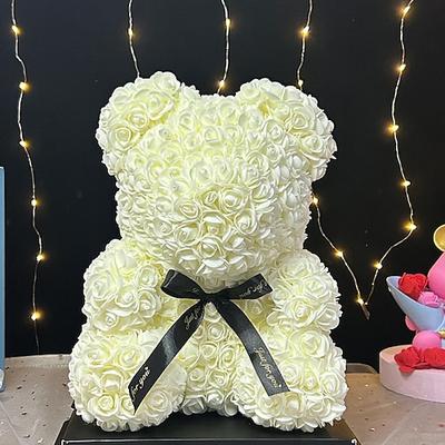 Rosenbär, künstliche Schaumblumen mit LED-Licht und Plastik-Geschenkbox – perfektes romantisches Geschenk für Muttertag, Jahrestag, Hochzeit, Geburtstag, Erntedankfest und Weihnachten, 25 cm