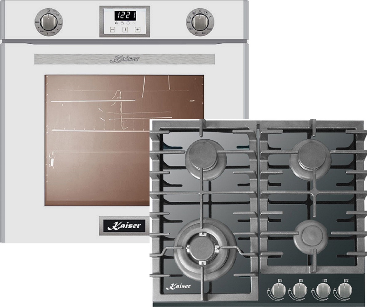 Kaiser Küchengeräte Gasherd-Set EG 6374 W + KCG 6383, Einbau-Backofen 60cm in Weiß/Gas Backofen/Gas-Kochfeld 60 cm/Autark/Drehspieß/Grill/Heißluft/Selbstreinigung/Erdgas/Propangas