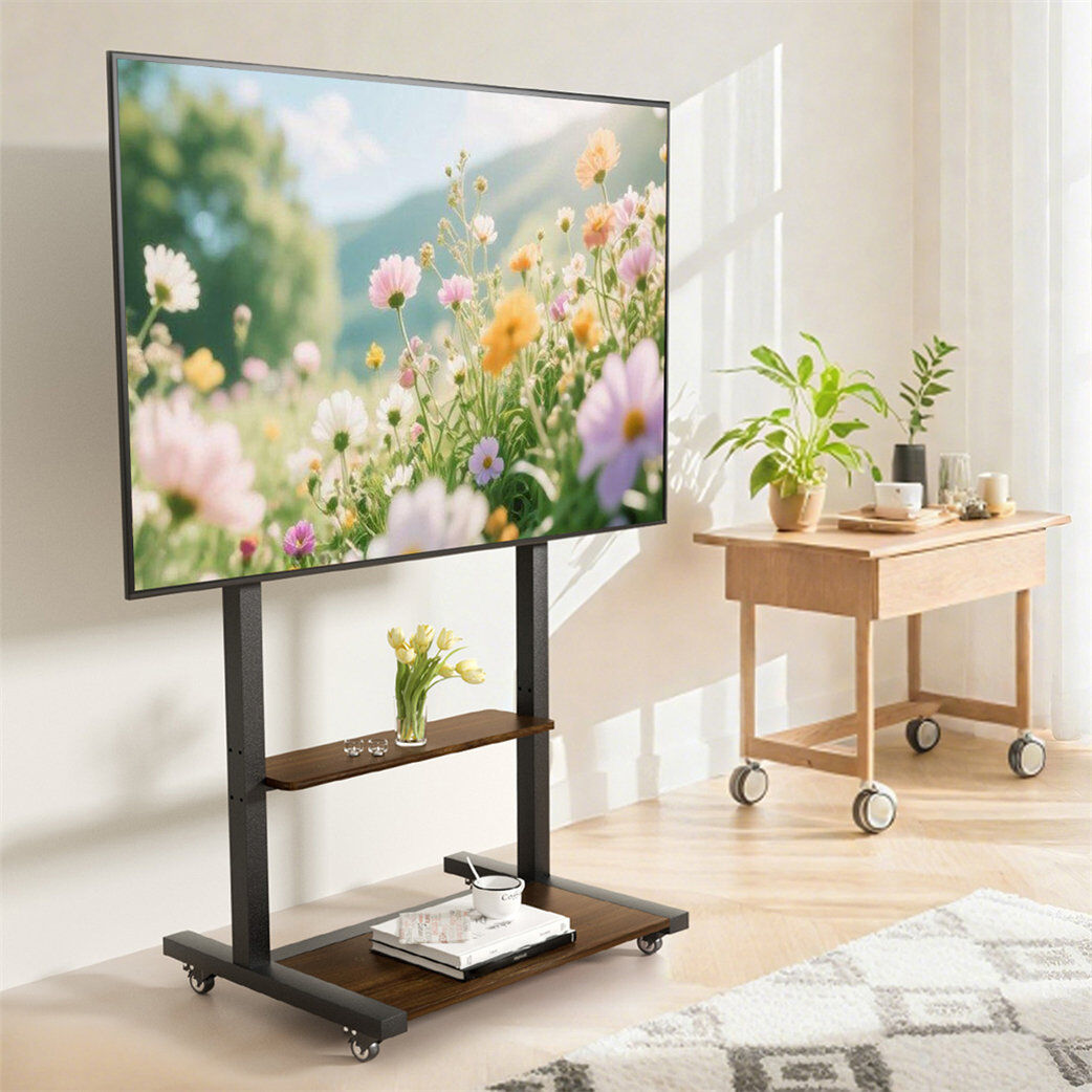 Borough Wharf Mobile Tv Stand On Wheels For 40-86 Inch Tv, Height Adjustable Tv Floor Stand Tall With Storage Shelf, Portable Rolling Tv Cart Trolley Max Vesa Black;Brown Wood 85"