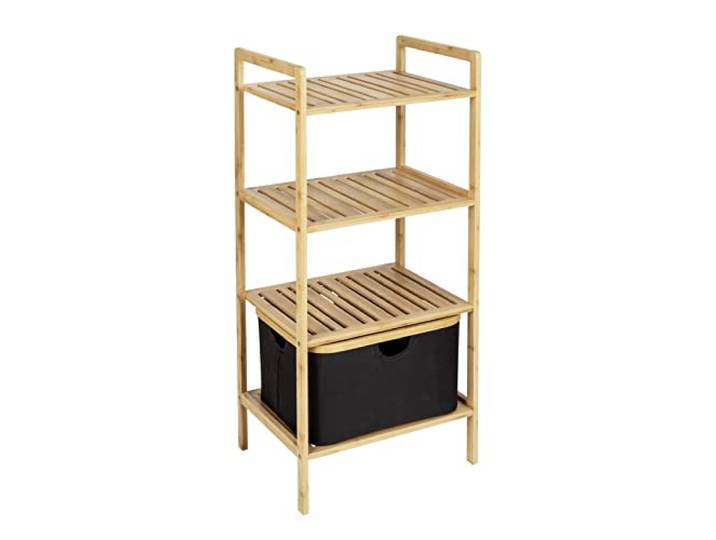 WENKO Étagère Ecori\, 3 tablettes avec panier amovible et pliable (28 L)\, en bambou certifié FSC® et polyester recyclé\, 44 x 93\,5 x 33 cm\, naturel/noir