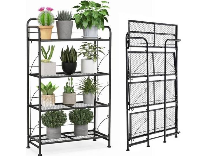 COSTWAY Support de Plantes Pliable à 4 ?tagères Réglables en Métal 60 x 25 x 100 cm Noir Installation sans outil Charge 40kg