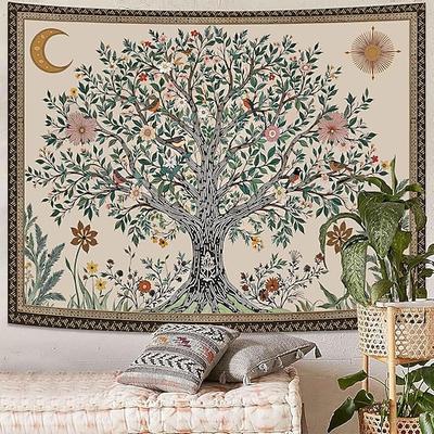 Ästhetischer Vintage-Wandteppich mit Lebensbaum-Motiv, botanischem Blumenhintergrund, Boho-Stil, großes Wandbild für Studentenwohnheime und Apartments