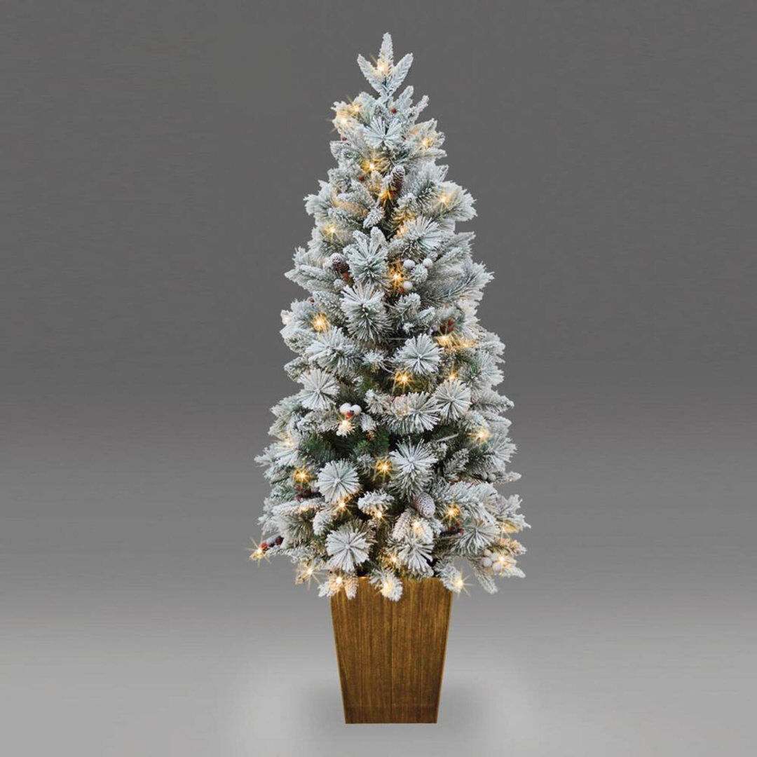 SHATCHI Pre-Lit Potted Snow Flocked Christmas Tree with Pine Cones, Red Berries and Warm White LEDs 4 ft.