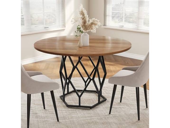 IDEALHOUSE Runder Esstisch Ø120cm Für 4‑6 Personen, Metall‑Pedestalfuß Farmhouse‑Industrial‑Design mit Holzoptik, stabiler Stand, geeignet für Küche, Esszimmer und kompakte Wohnräume.