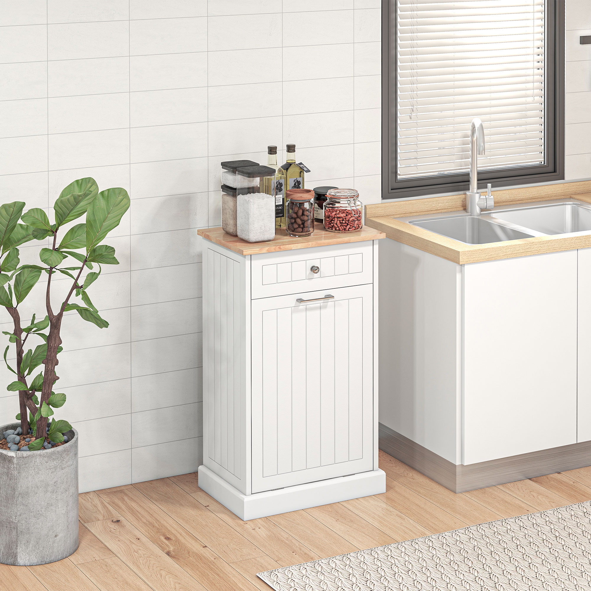Altro Credenza Cucina, Mobile Cucina Con Supporto Per Bidoni Della Spazzatura Da 38 Litri, Cassetto, Bianco