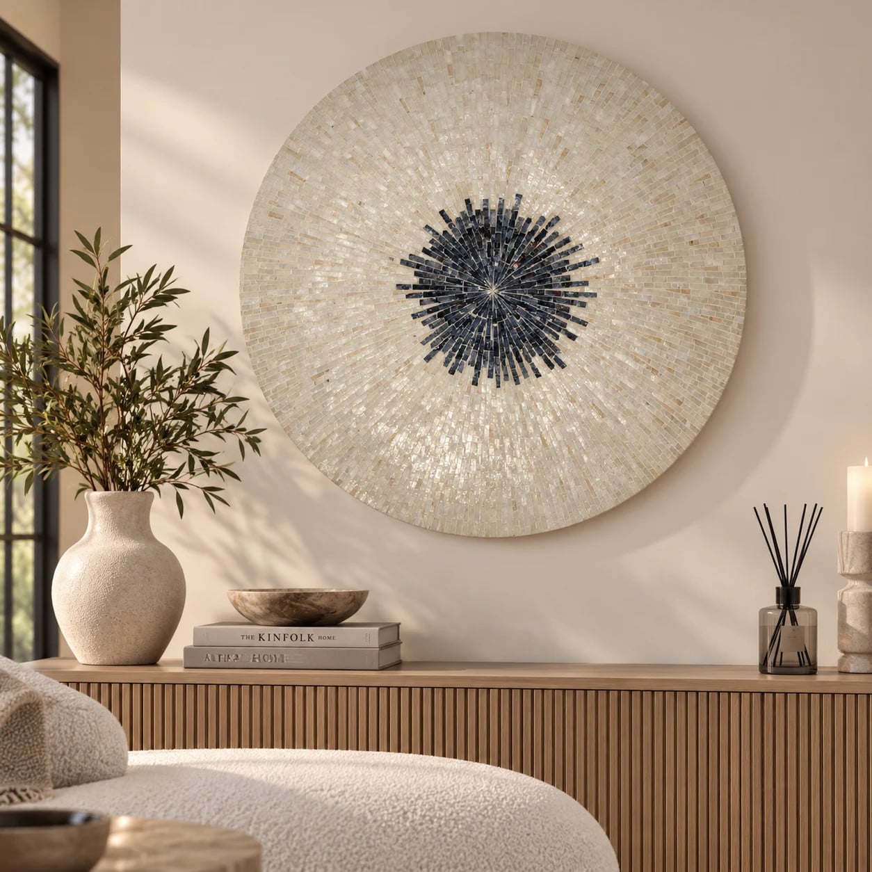 PTMD Wandornament Vojtech Wit rond van bamboe en hout